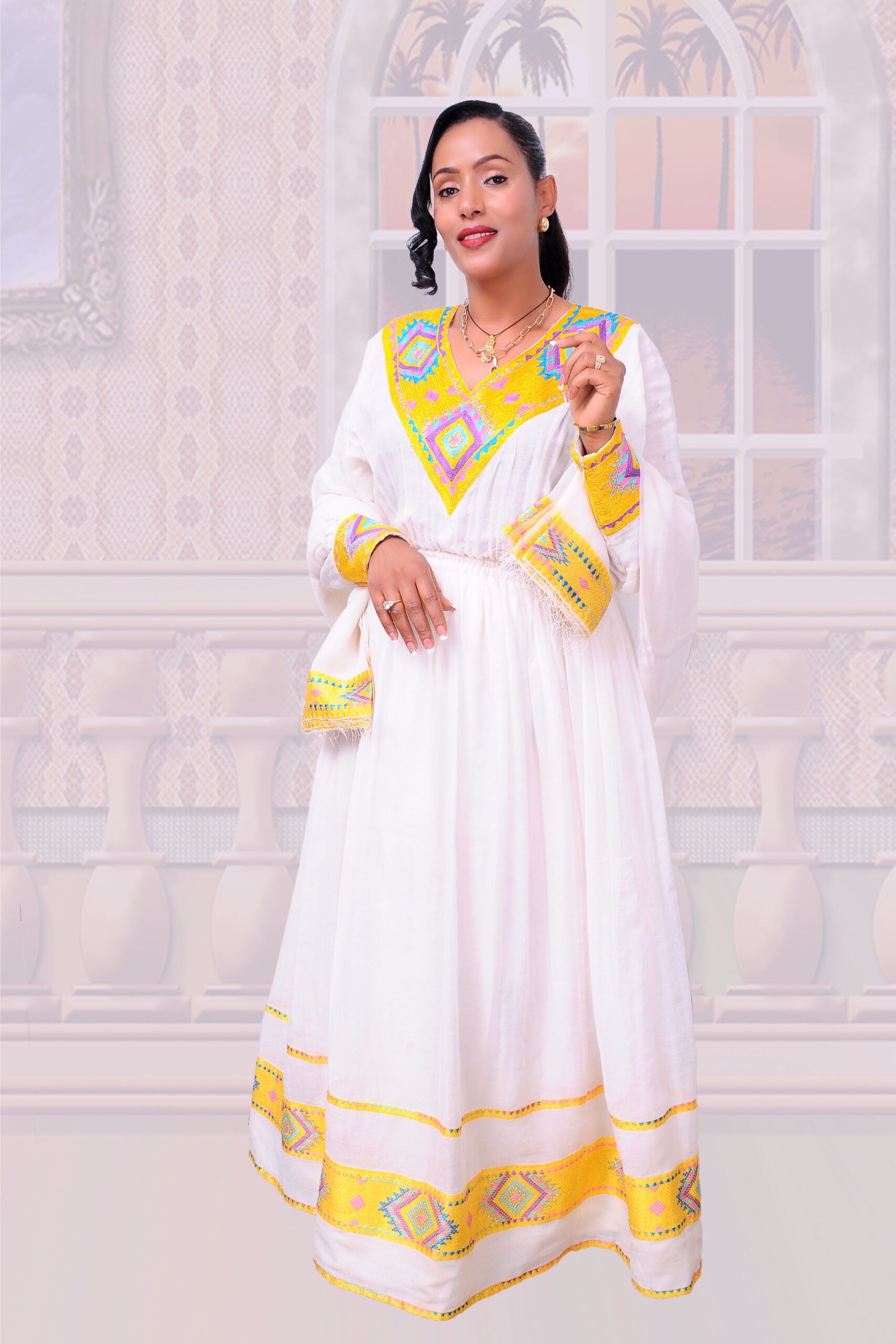 Luxury Pink Delicate Habesha Dress with Modern Styling and Exquisite Detailing