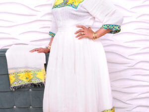 Habesha Kemis with Green and Yellow Cross Designs Ethiopian Dress Style Traditional Habesha Libs