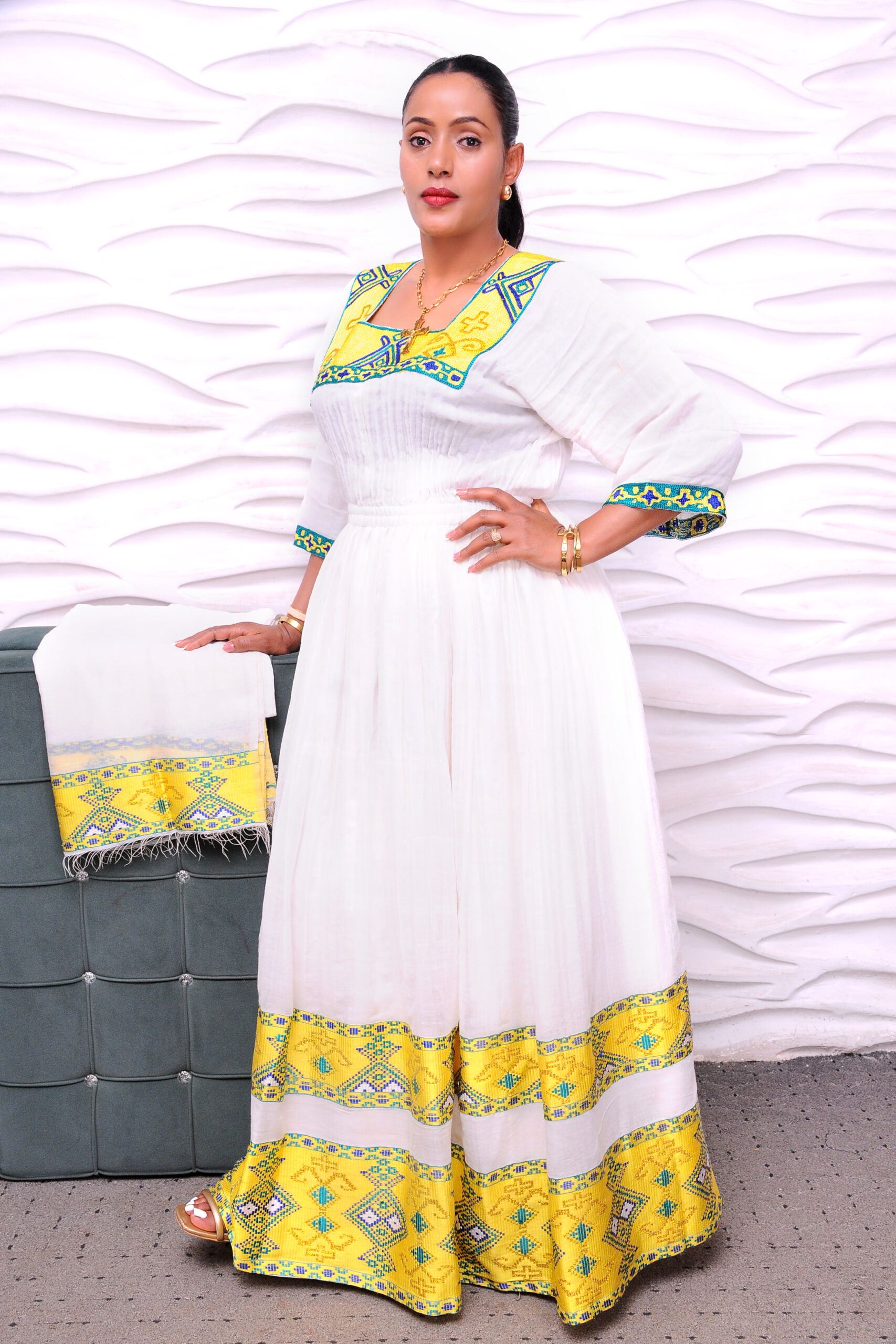 Habesha Kemis with Green and Yellow Cross Designs Ethiopian Dress Style Traditional Habesha Libs