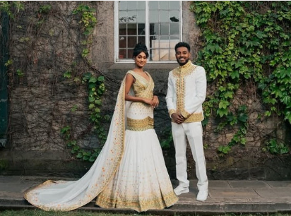 Exquisite Golden Matching Ethiopian Couples Wedding Outfit: Sophistication and Elegance with Habesha Couples Attire for Your Special Day