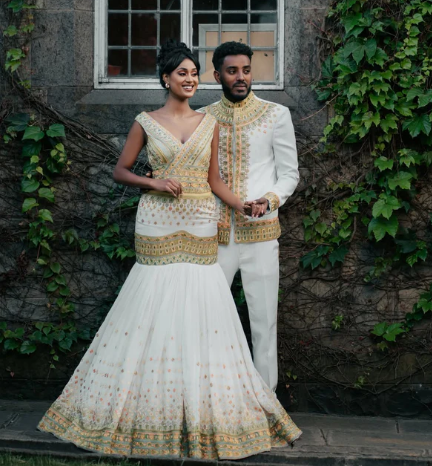 Exquisite Golden Matching Ethiopian Couples Wedding Outfit: Sophistication and Elegance with Habesha Couples Attire for Your Special Day - Image 2