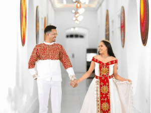 Bold Red and Gold Habesha Couple Outfit with Royal Embroidery for Weddings and Celebrations