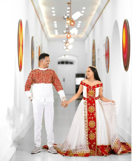 Bold Red and Gold Habesha Couple Outfit with Royal Embroidery for Weddings and Celebrations
