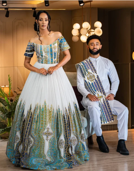 Vibrant Blue Habesha Couple's Attire with Intricate Detailed Design
