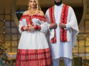 Red Habesha Couples Wedding Attire Intricate Handcrafted Design