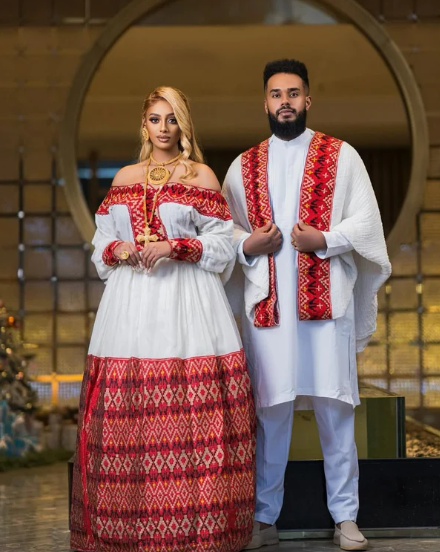 Red Habesha Couples Wedding Attire Intricate Handcrafted Design