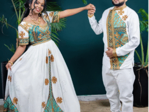 Flawless Green Habesha Couples Wedding Outfit with Golden Accents