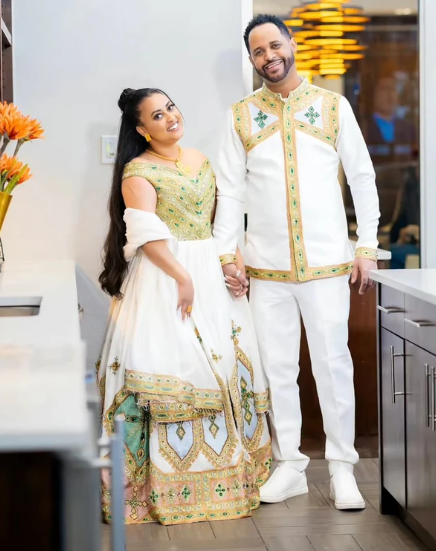 Couple's Distinctive Wedding: Golden Radiance Habesha Bridal Wear with Green Stitching