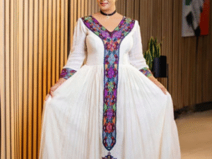 Colorful Habesha Dress with Multicolor Cross Embroidery for Special Occasions