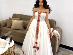 Glamorous Strapless Habesha Kemis with Red Embroidery Modern Ethiopian Dress for Elegant Events