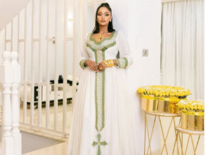 Graceful Traditional Ethiopian Dress with Green & Gold Cross Embroidery for Celebration