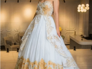 Off-Shoulder Habesha Bridal Dress: Crystal Embellishments & Flowing Train