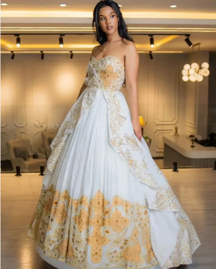 Off-Shoulder Habesha Bridal Dress: Crystal Embellishments & Flowing Train