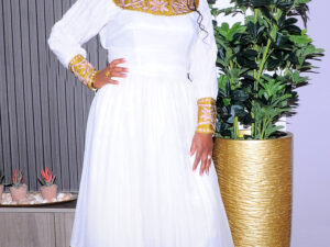 Stunning Traditional Ethiopian Dress with Exquisite Gold Tone Embroidery